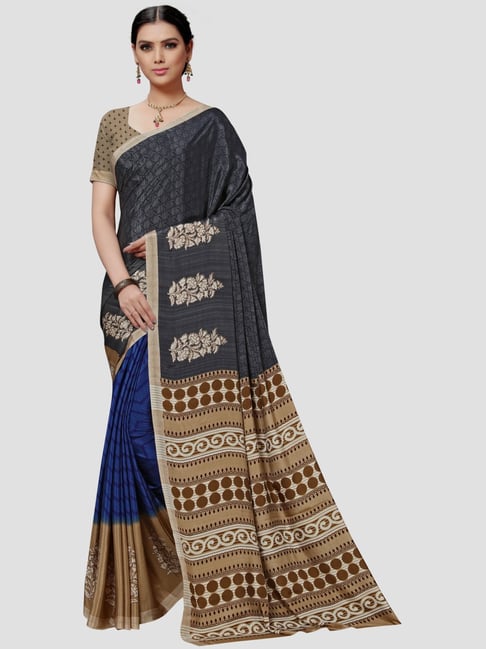 Vaamsi Grey & Blue Printed Saree With Unstitched Blouse