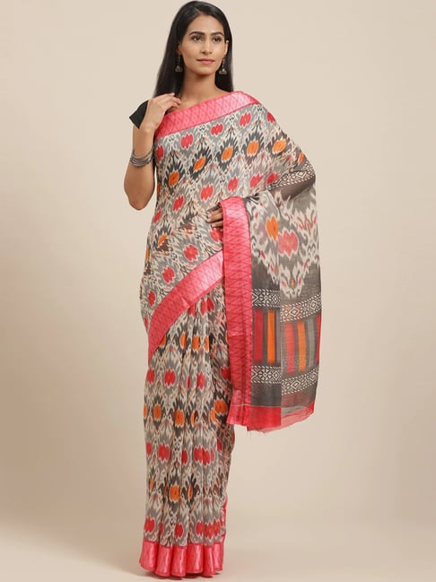 Vaamsi Off-White & Grey Printed Saree With Unstitched Blouse