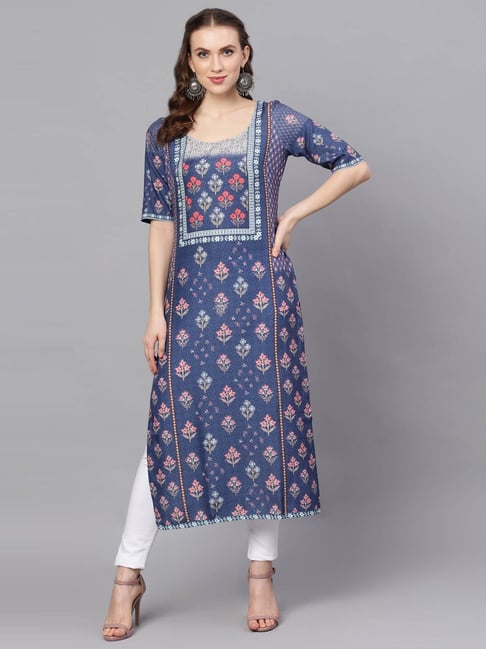 Aks Blue Floral Print Straight Kurta