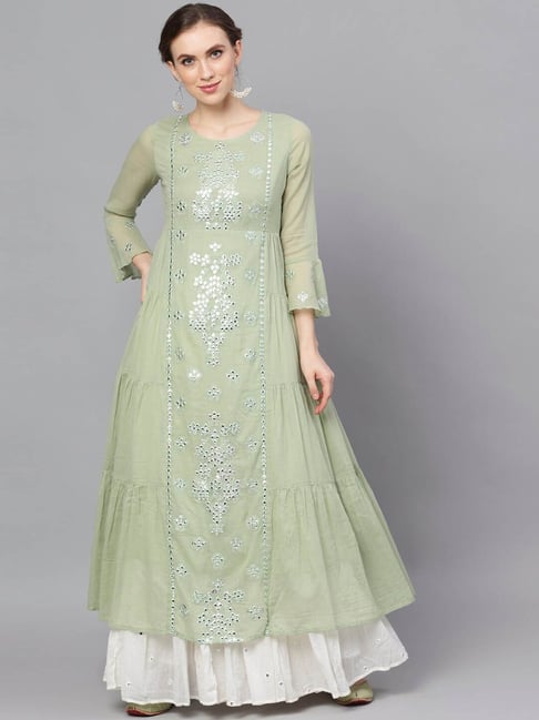 Aks Green Cotton Embellished A Line Kurta Price in India