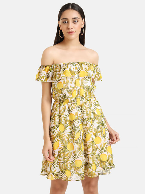 Kazo Yellow & White Tropical Dress Price in India