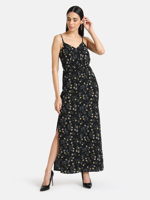 Kazo Black & Yellow Floral Print Dress Price in India