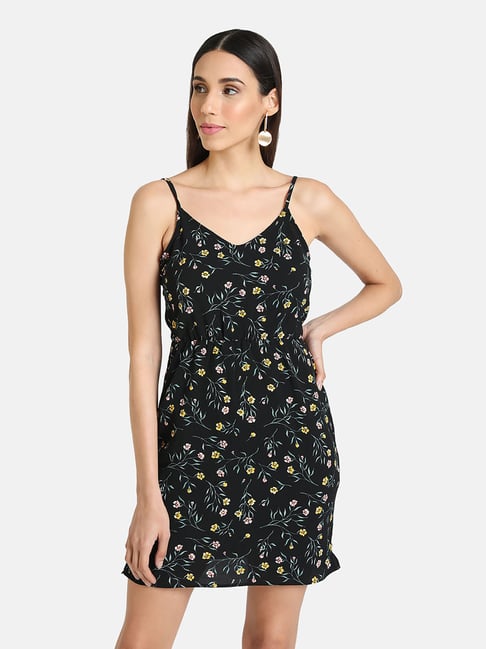 Kazo Black & Yellow Floral Print Dress Price in India