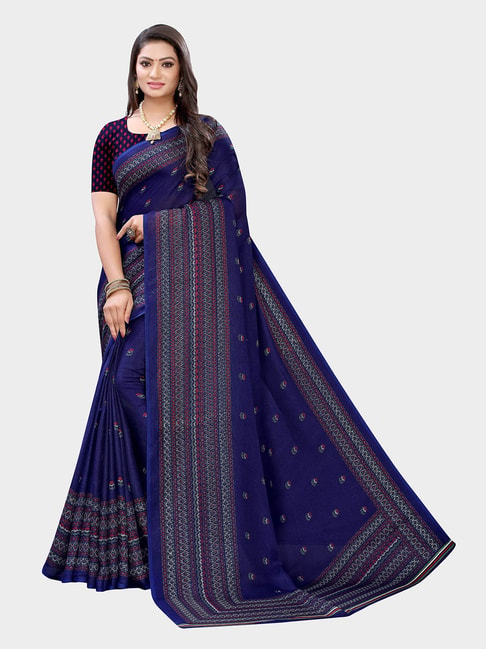 Saree Mall Blue Printed Saree With Blouse Price in India