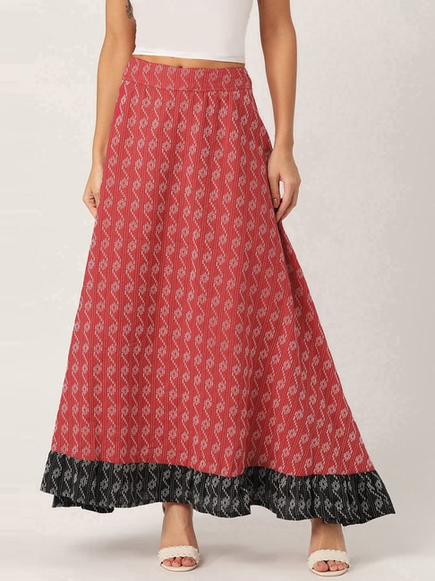 Inweave Red Cotton Embroidered Maxi Skirt Price in India
