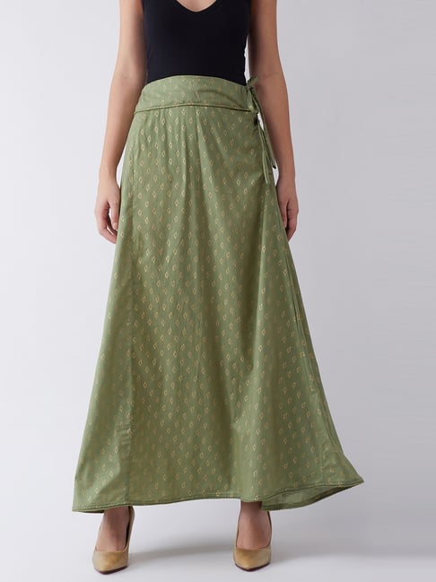 Inweave Green Cotton Printed Maxi Skirt