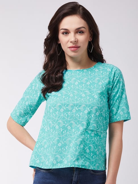 Inweave Turquoise Cotton Printed Top