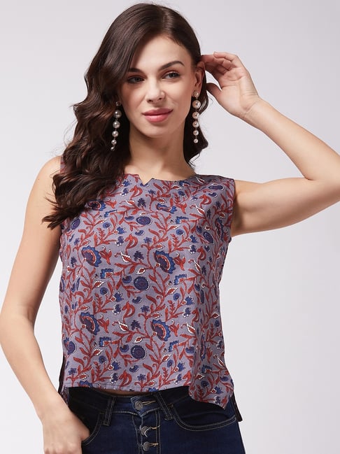 Inweave Grey Cotton Floral Print Top Price in India