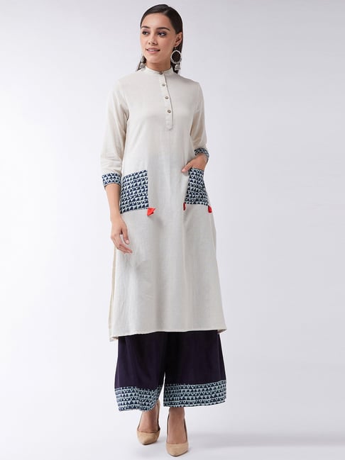 Inweave Cream & Navy Cotton Kurta Palazzo Set