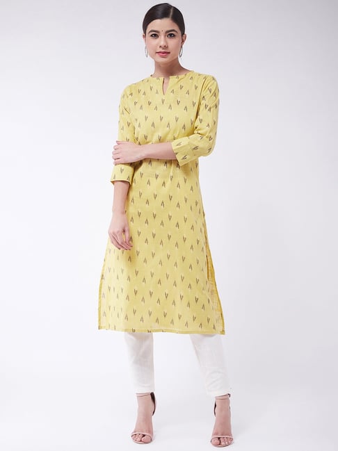 Inweave Yellow Cotton Printed Straight Kurta