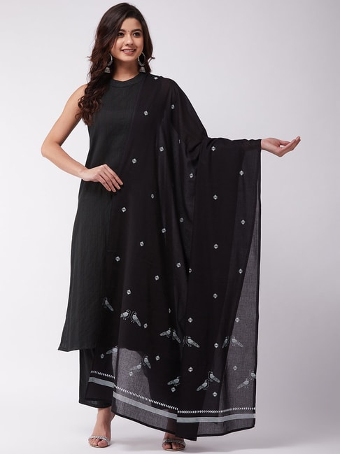 Inweave Black Cotton Printed Kurta Pant Set With Dupatta Price in India