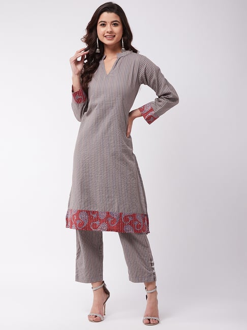 Inweave Grey Cotton Printed Kurta Pant Set Price in India