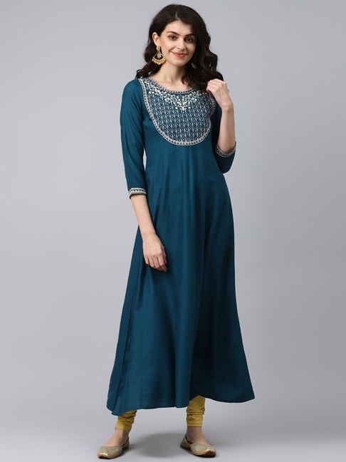 Yufta Teal Blue Embroidered A Line Kurta Price in India