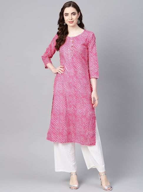 Yufta Pink Cotton Printed Straight Kurta Price in India