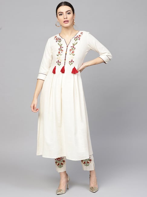 Yufta Off-White Cotton Embroidered Kurta Pant Set Price in India