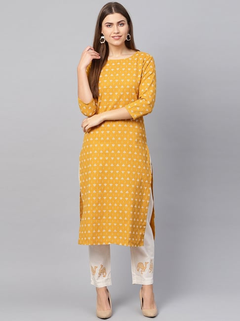 Yufta Mustard & Off-White Cotton Printed Kurta Pant Set