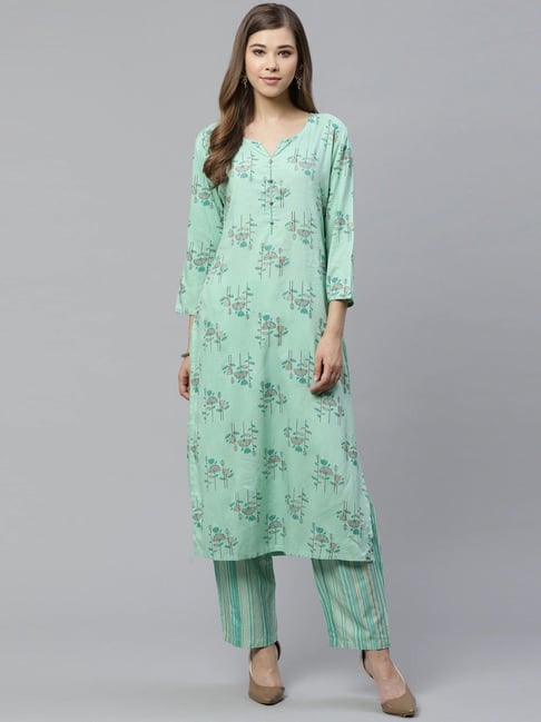 Yufta Green Floral Print Kurta Pant Set