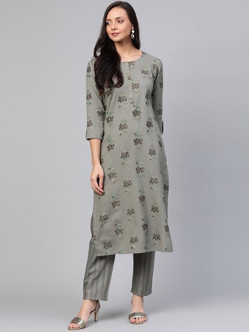 Yufta Grey Cotton Floral Print Kurta Pant Set