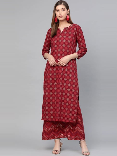 Yufta Maroon Cotton Printed Kurta Palazzo Set