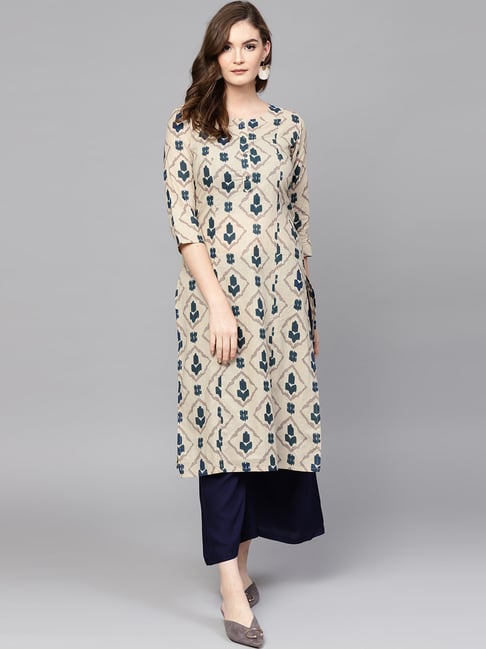 Yufta Beige & Navy Cotton Printed Kurta Palazzo Set