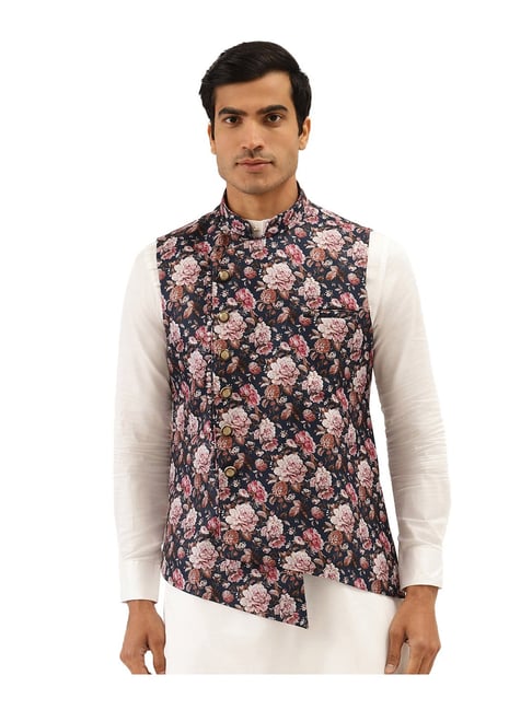 Fancy Floral Print Nehru Jacket Set For Mens