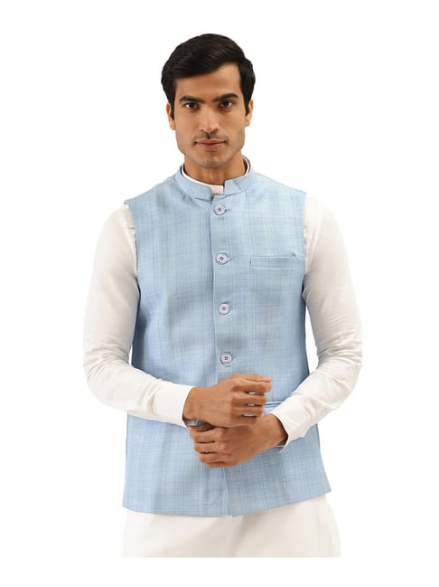 Manyavar Blue Textured Ethnic Waistcoat-picture-34