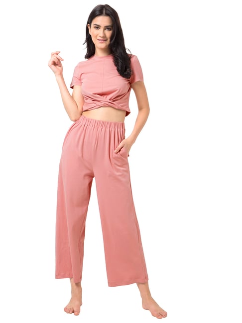Buy FabAlley Pink Round Neck Crop Top With Pyjama Set for Women