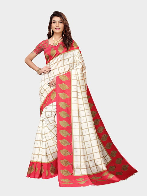 KSUT Ivory & Pink Check Saree With Blouse Price in India