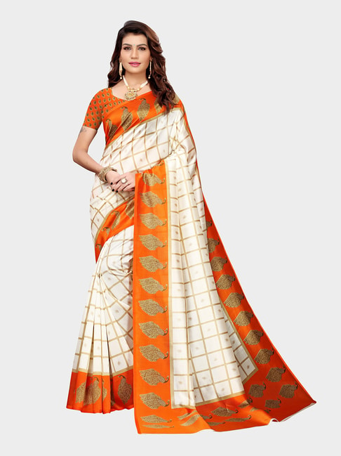 KSUT Ivory & Orange Check Saree With Blouse Price in India