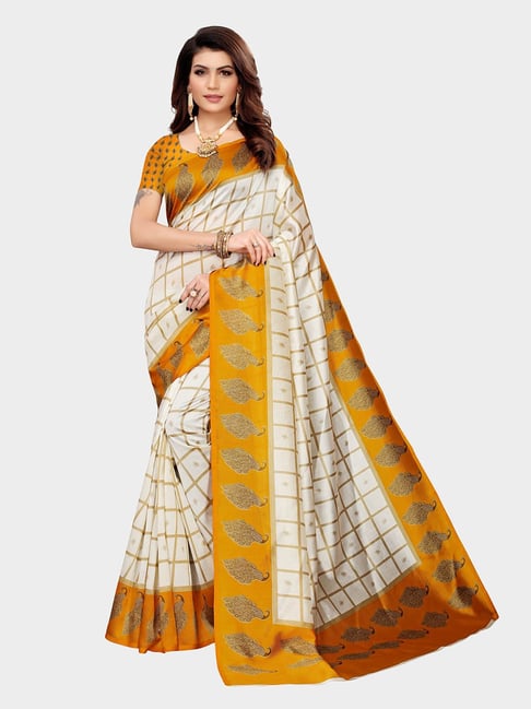 KSUT Ivory & Yellow Check Saree With Blouse Price in India