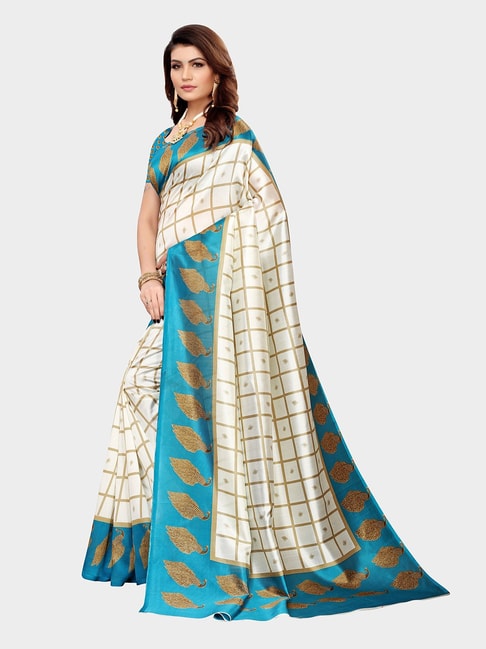 KSUT Ivory & Blue Check Saree With Blouse Price in India