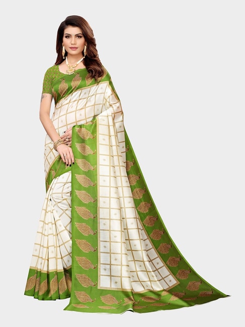 KSUT Ivory & Green Check Saree With Blouse Price in India