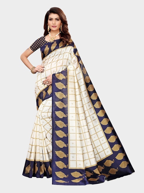 KSUT Ivory & Blue Check Saree With Blouse Price in India