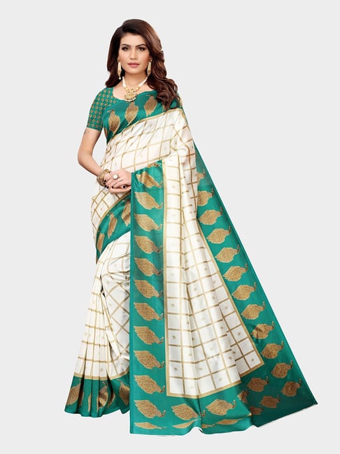KSUT Ivory & Turquoise Check Saree With Blouse Price in India