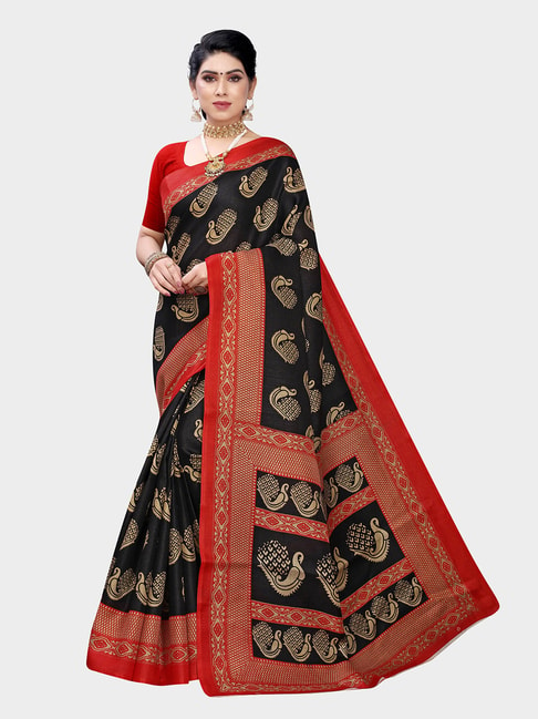 KSUT Black & Red Printed Saree With Blouse Price in India