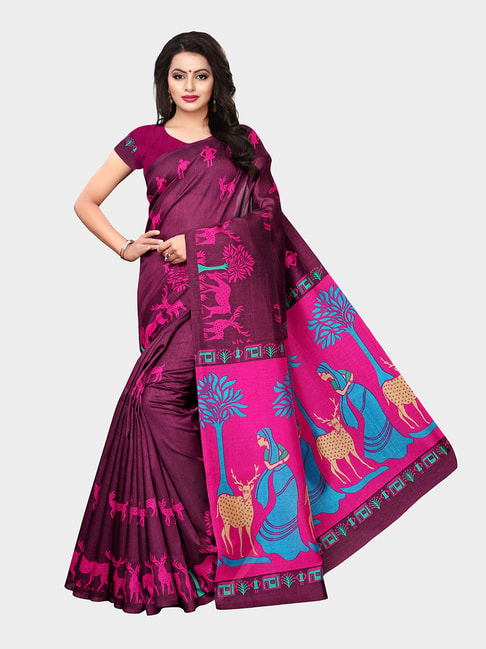 KSUT Purple Printed Saree With Blouse Price in India