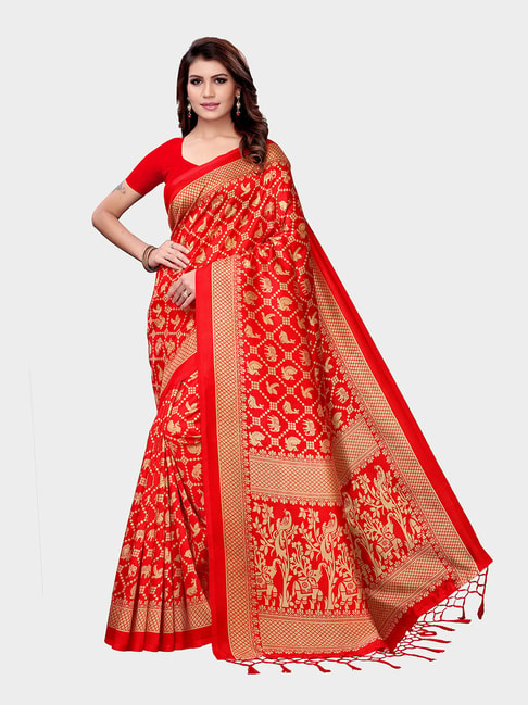 KSUT Red Printed Saree With Blouse Price in India