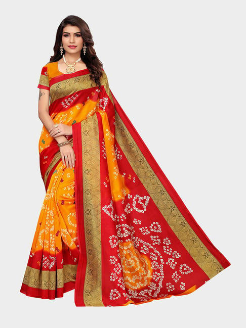 KSUT Red & Yellow Bandhani Saree With Blouse Price in India