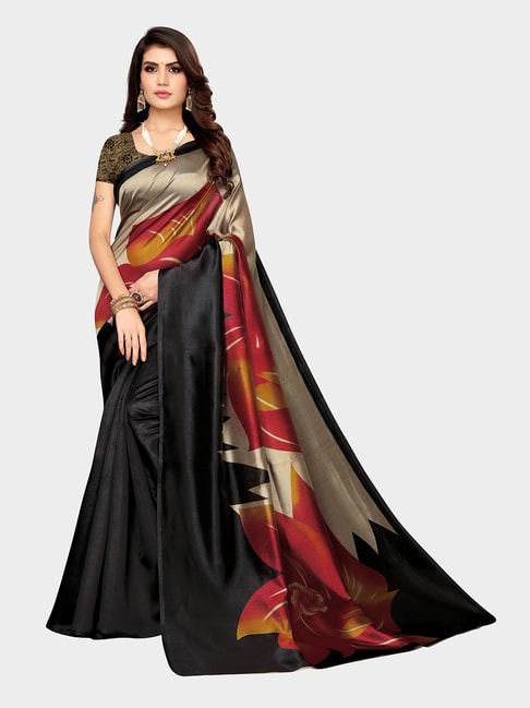 KSUT Black & Grey Printed Saree With Blouse Price in India