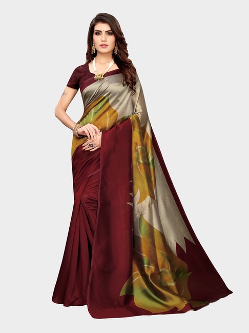 KSUT Maroon & Grey Printed Saree With Blouse Price in India