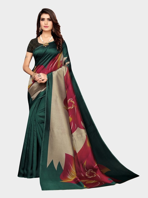 KSUT Green & Grey Printed Saree With Blouse Price in India