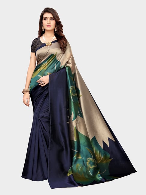 KSUT Indigo & Grey Printed Saree With Blouse Price in India