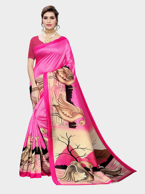 KSUT Pink Printed Saree With Blouse Price in India
