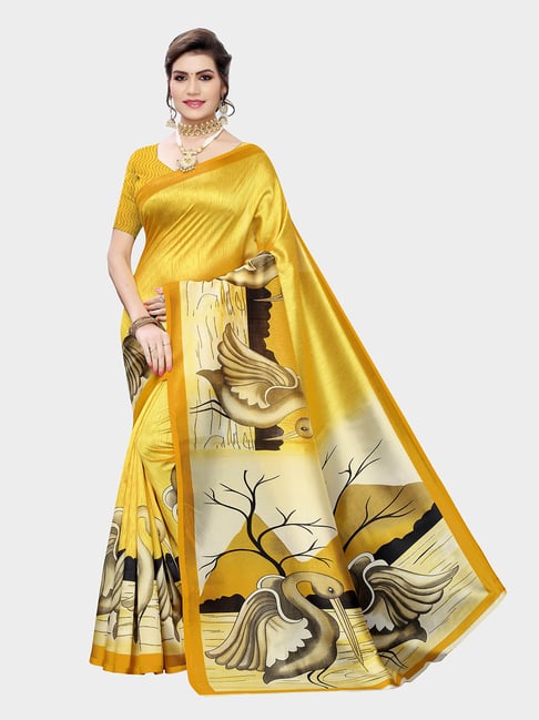 KSUT Yellow Printed Saree With Blouse Price in India