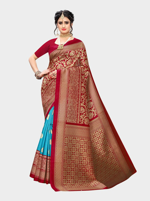 KSUT Red & Blue Saree With Blouse Price in India