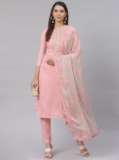 Saree Mall Pink Embroidered Unstitched Dress Material