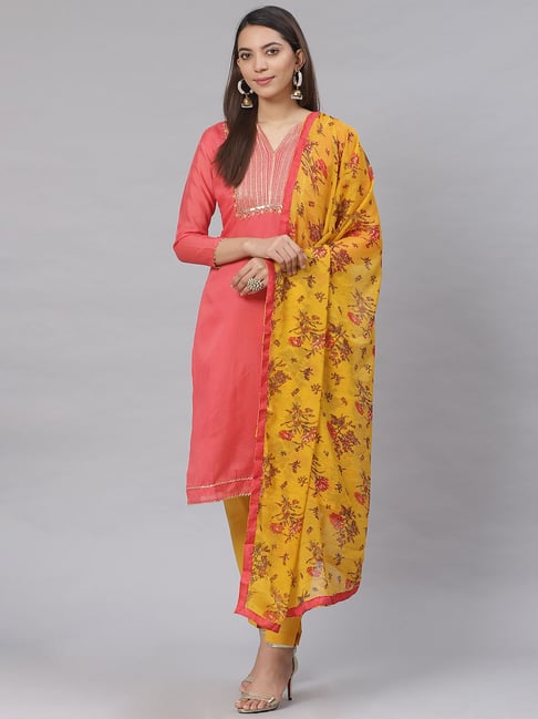 Saree Mall Peach Embroidered Unstitched Dress Material