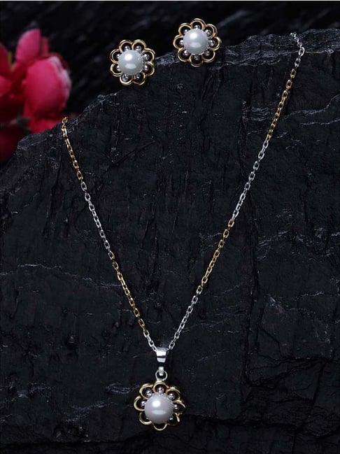 Clara 92.5 Sterling Silver Rhodium-Plated Pearl Lotus Pendant Set