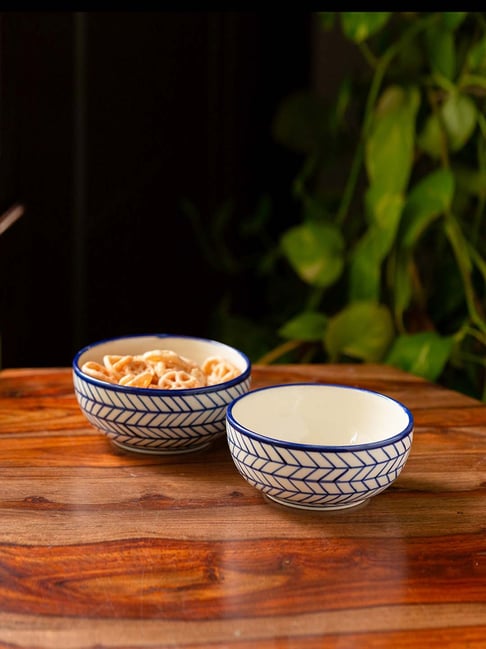 ExclusiveLane 'Indigo Chevron' Hand-painted Ceramic Serving Bowls (Set of 2, 380 ML, Microwave Safe)