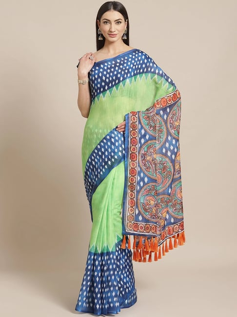 Vastranand Green & Blue Printed Saree With Unstitched Blouse Price in India